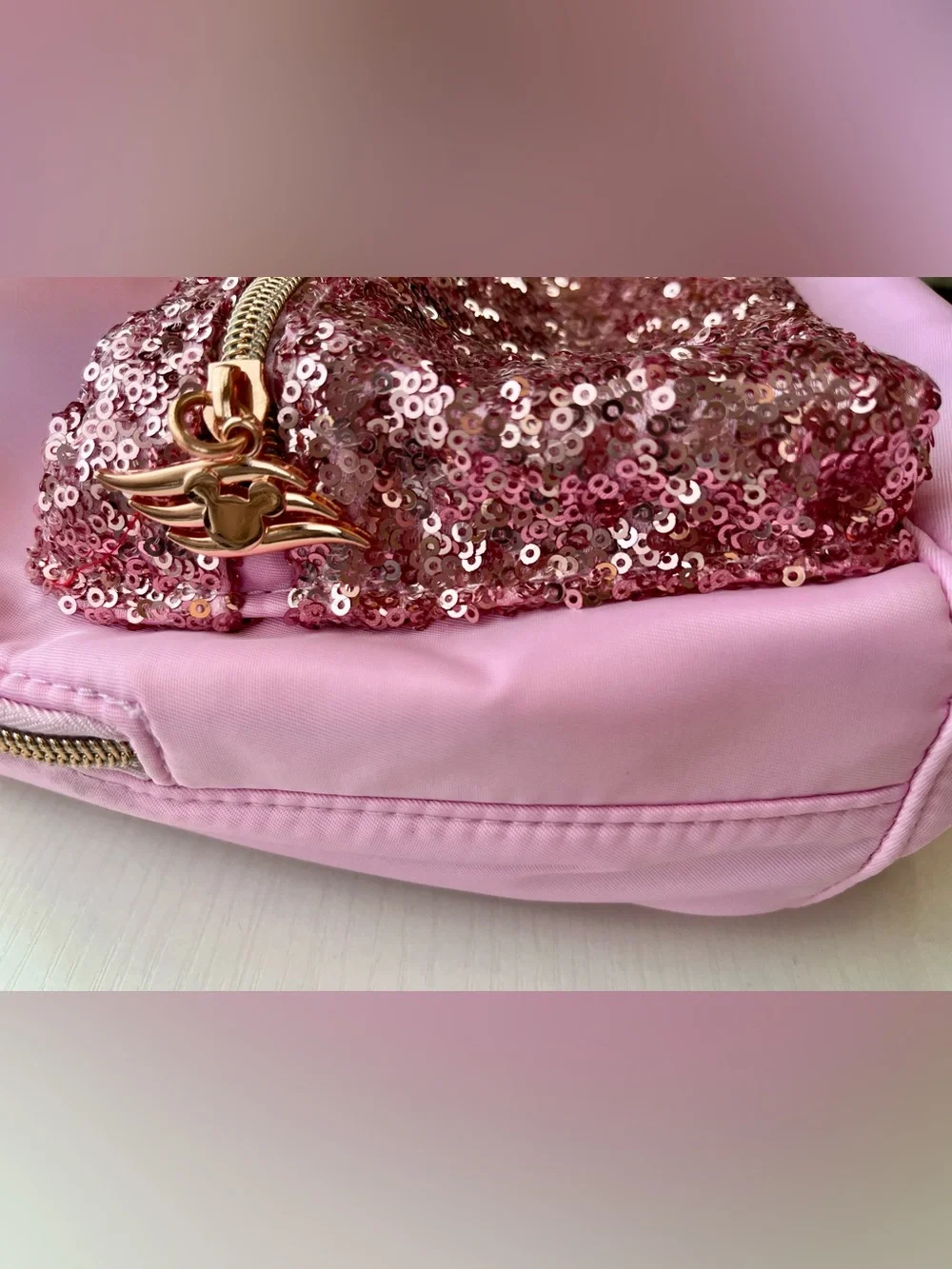 Disney Cruise Bibbidi Bobbidi Boutique Pink Sequin Minnie Ear Backpack Crown NEW